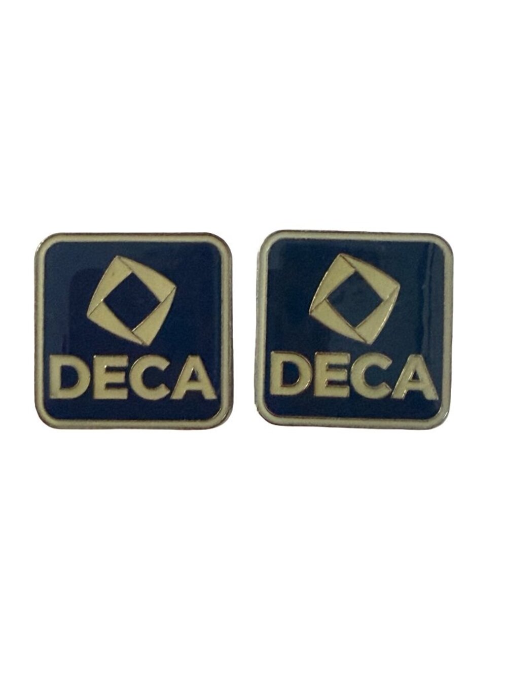 Vintage DECA Blue Gold Enamel Lapel Pins Pair 1" Student Business Club Logo